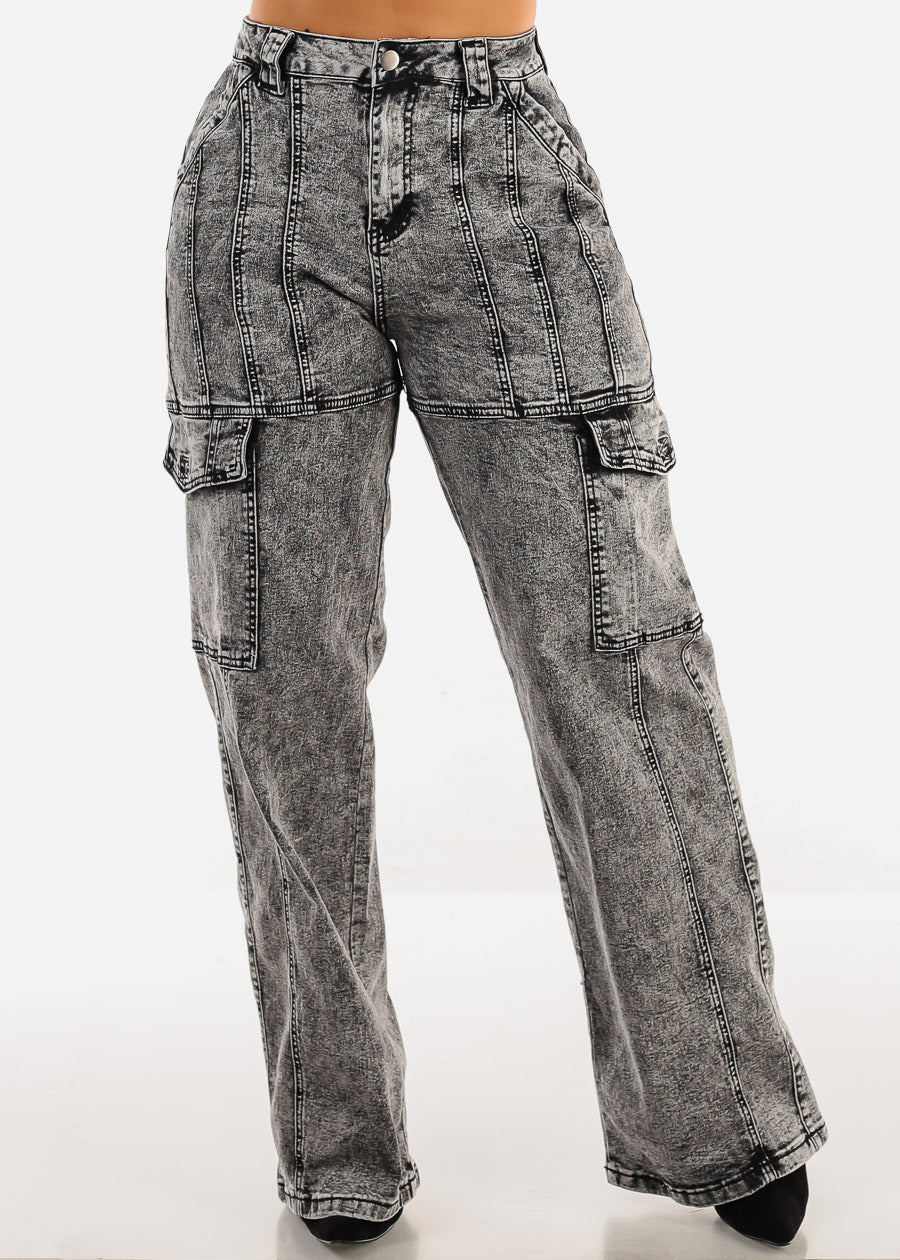 High Waist Straight Wide Legged Cargo Jeans Black Acid Wash