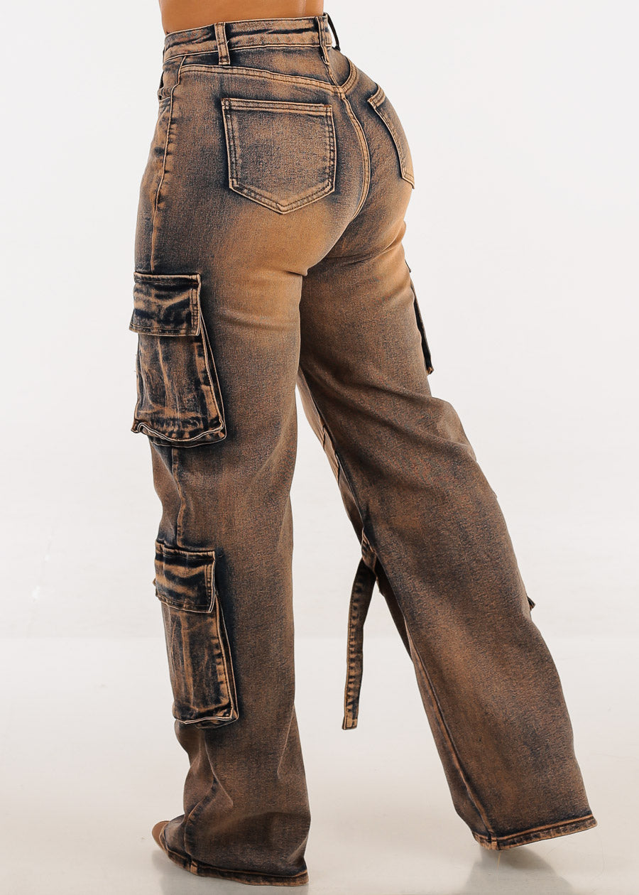 High Waisted Straight Wide Leg Cargo Jeans Copper Acid Wash