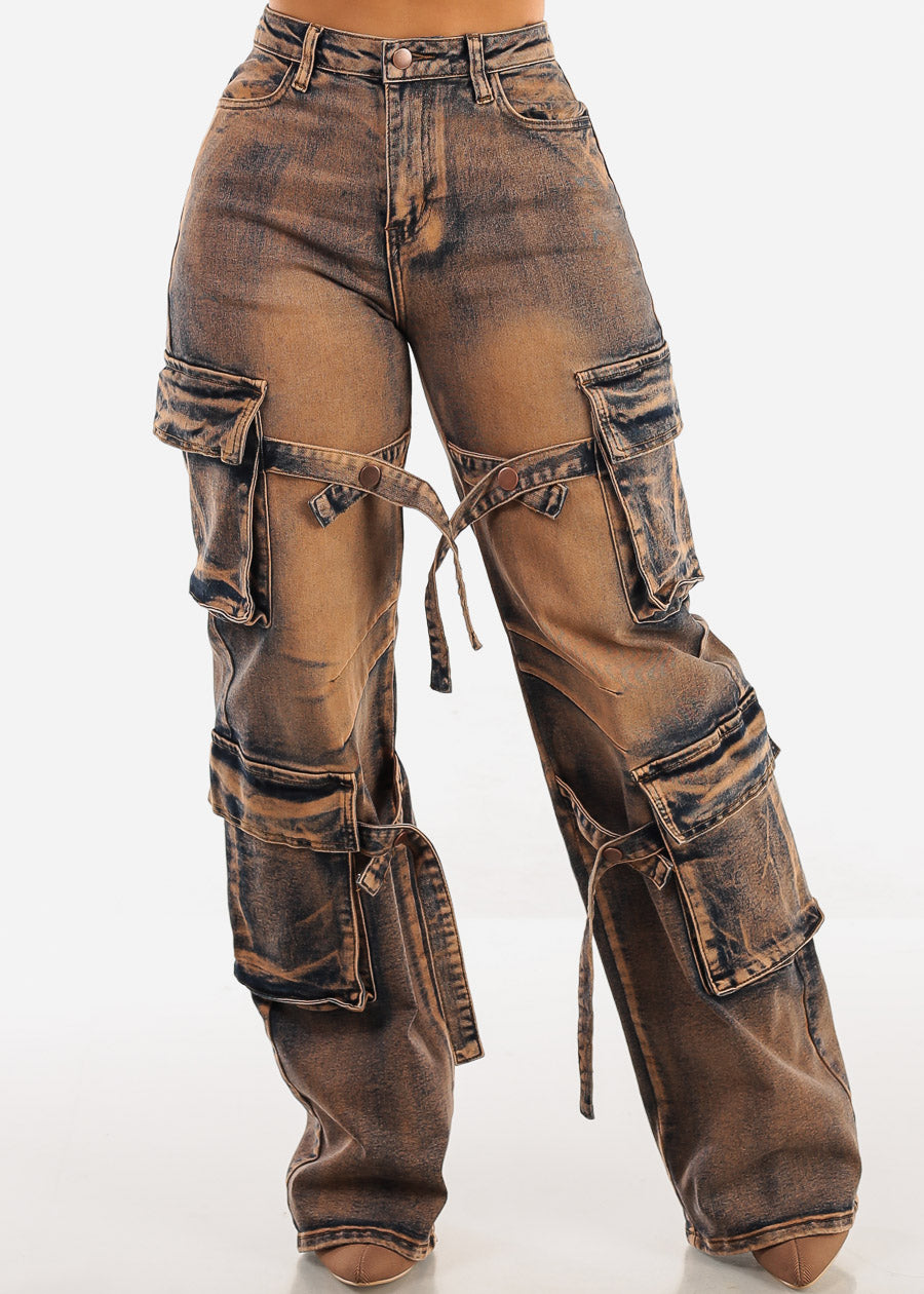 High Waisted Straight Wide Leg Cargo Jeans Copper Acid Wash