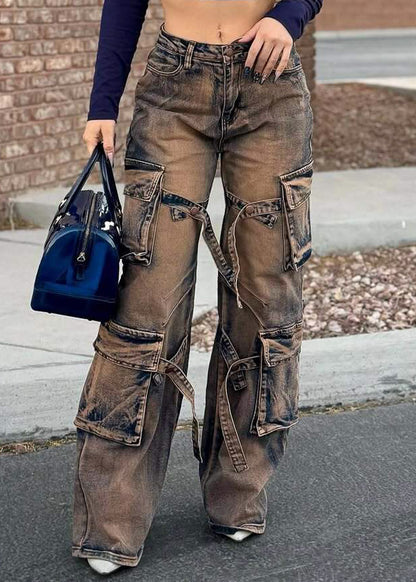 High Waisted Straight Wide Leg Cargo Jeans Copper Acid Wash