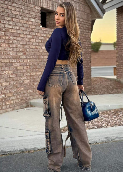 High Waisted Straight Wide Leg Cargo Jeans Copper Acid Wash