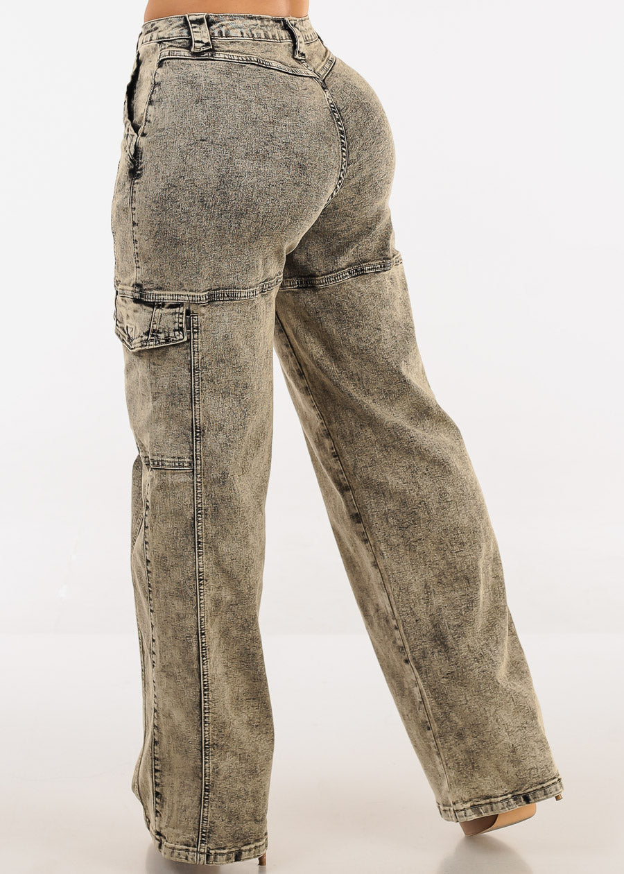 High Waist Straight Wide Leg Cargo Jeans Acid Wash