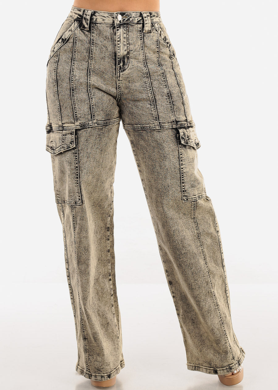 High Waist Straight Wide Legged Cargo Jeans Acid Wash