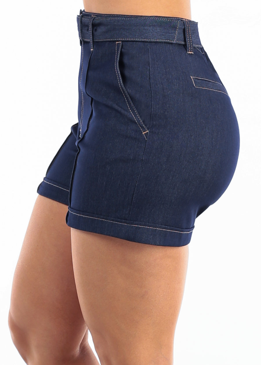 Belted High Waist Stretch Denim-Style Shorts Indigo