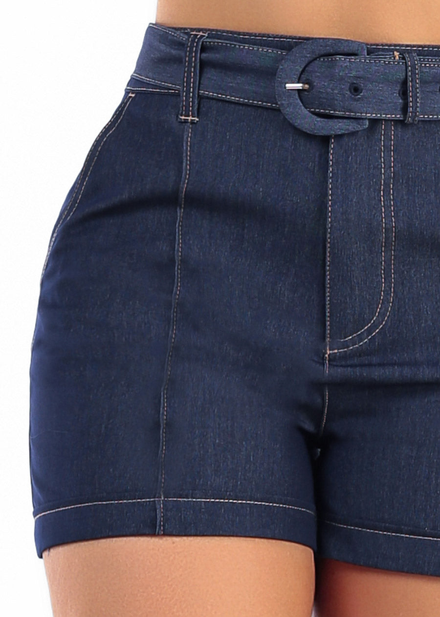 Belted High Waist Stretch Denim-Style Shorts Indigo