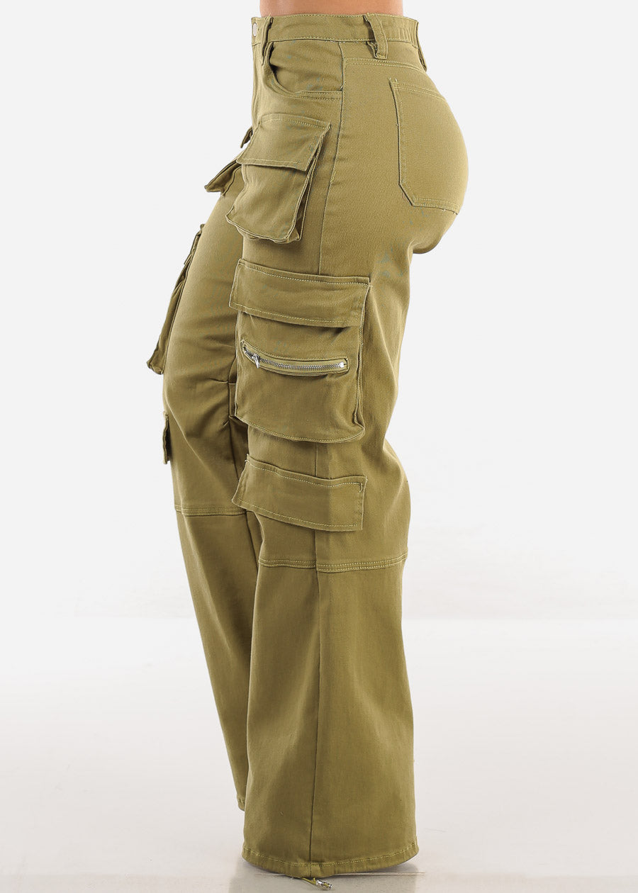 High Waist Straight Wide Leg Cargo Jeans Light Olive