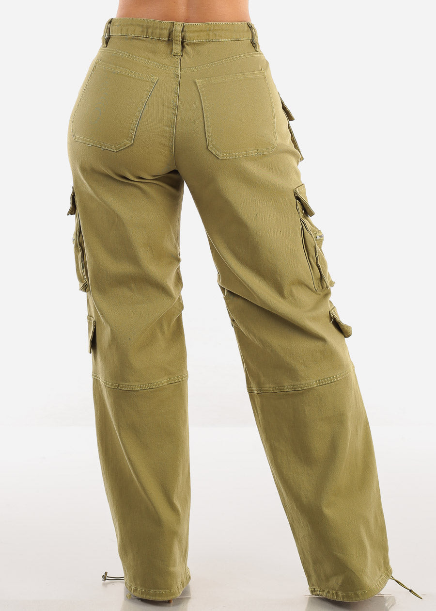 High Waist Straight Wide Leg Cargo Jeans Light Olive