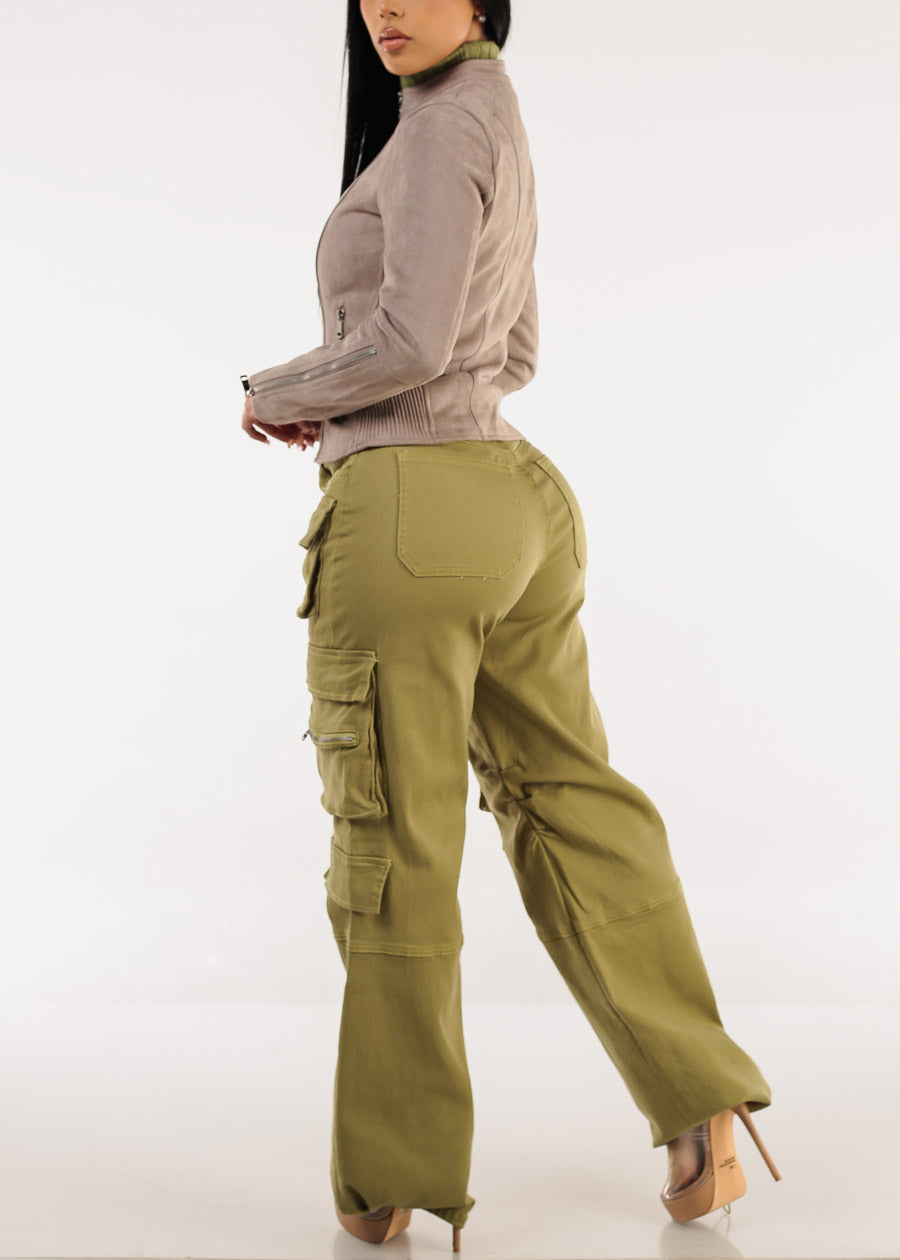 High Waist Straight Wide Leg Cargo Jeans Light Olive