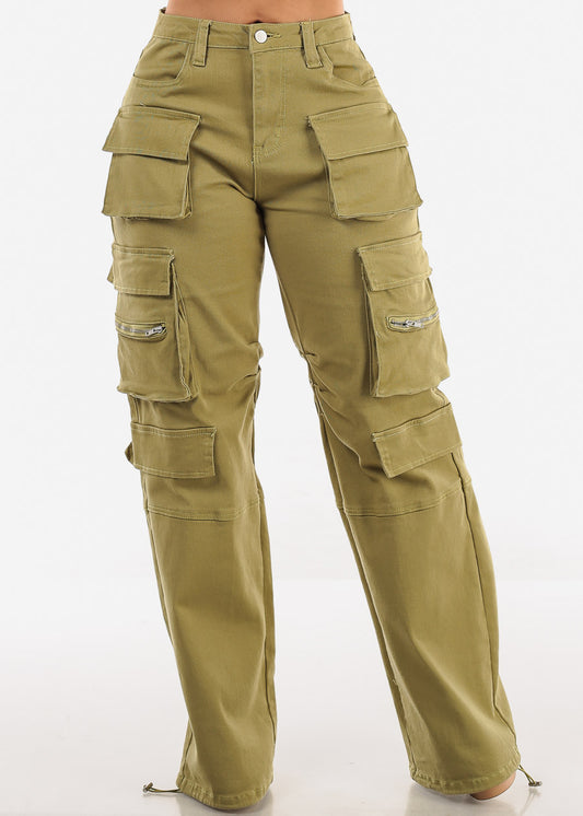 High Waist Straight Wide Leg Cargo Jeans Light Olive