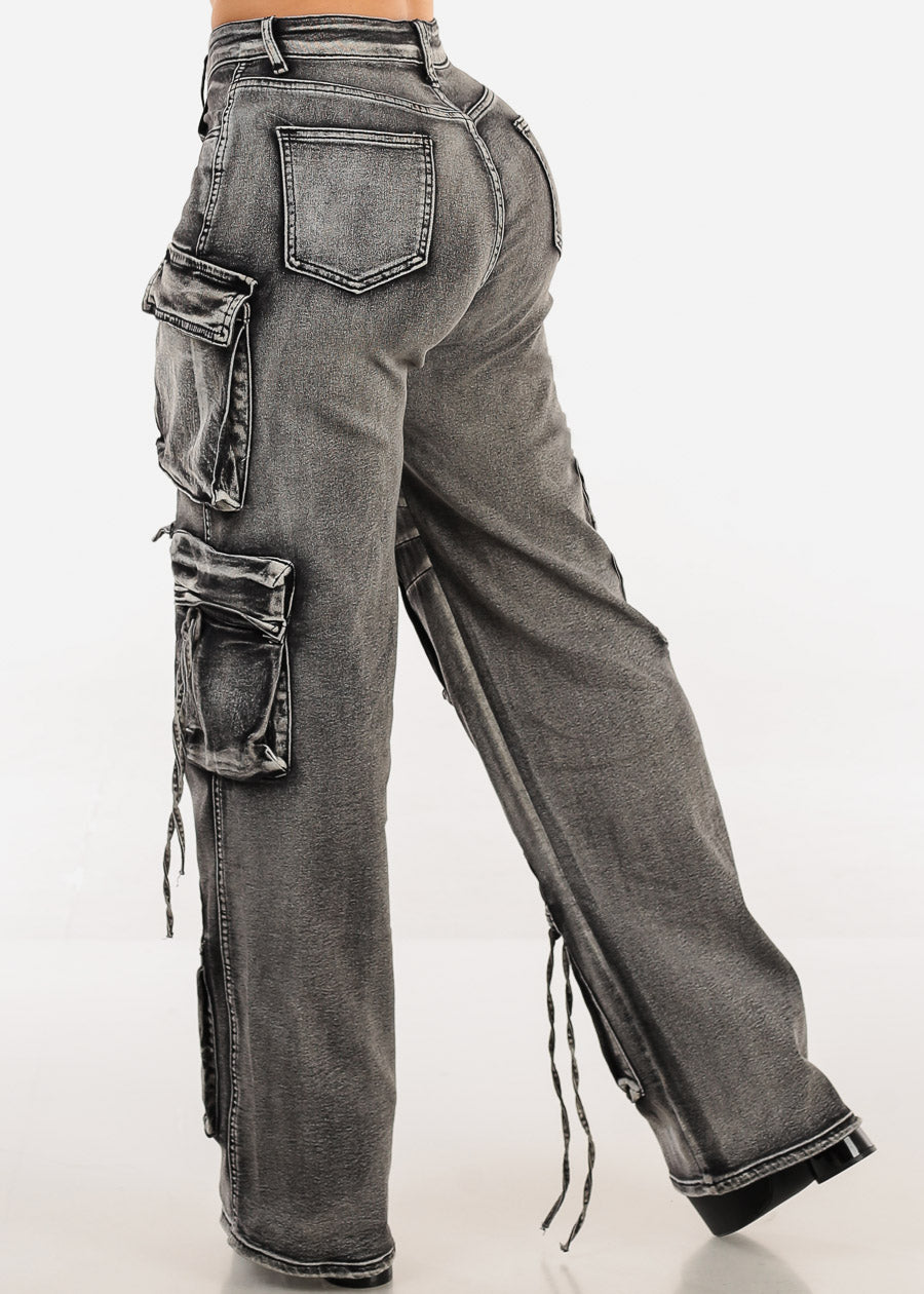 High Waist Straight Wide Leg Cargo Jeans Grey