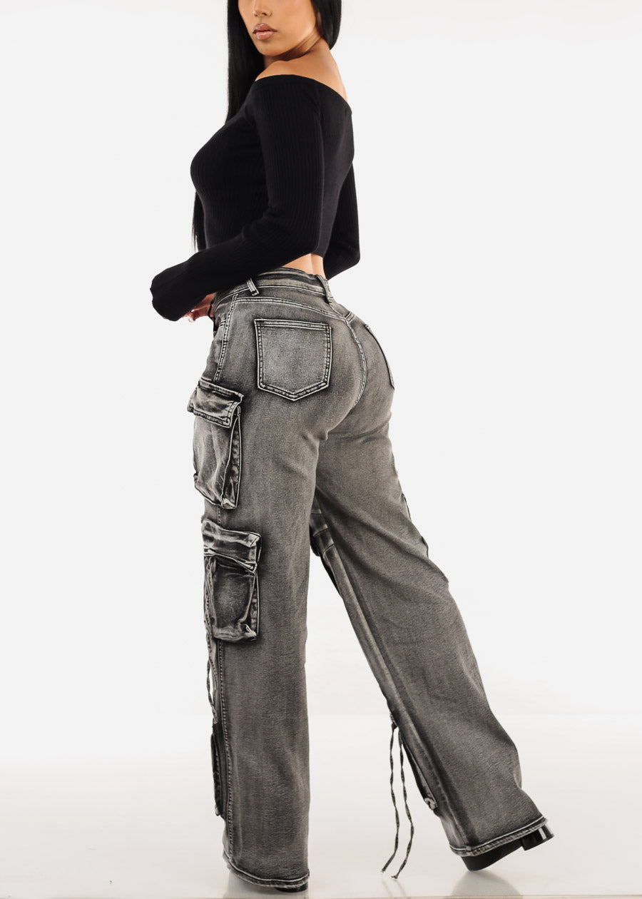 High Waist Straight Wide Leg Cargo Jeans Grey