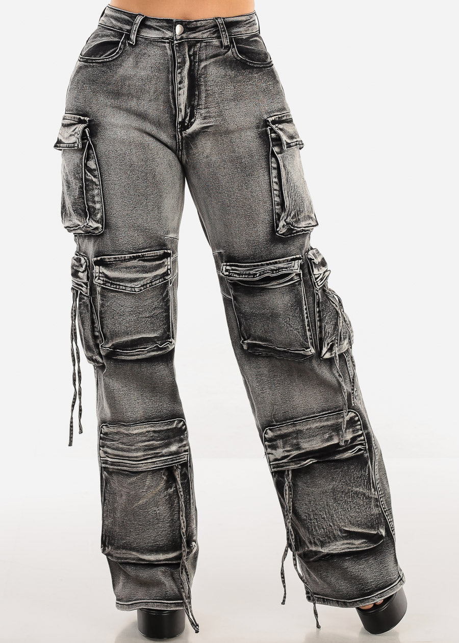 High Waist Straight Wide Leg Cargo Jeans Grey