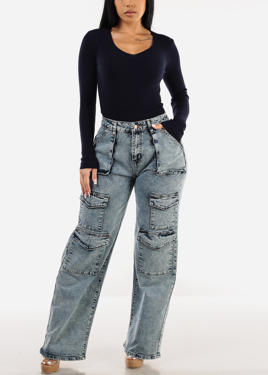 High Waist Straight Wide Leg Acid Wash Cargo Jeans