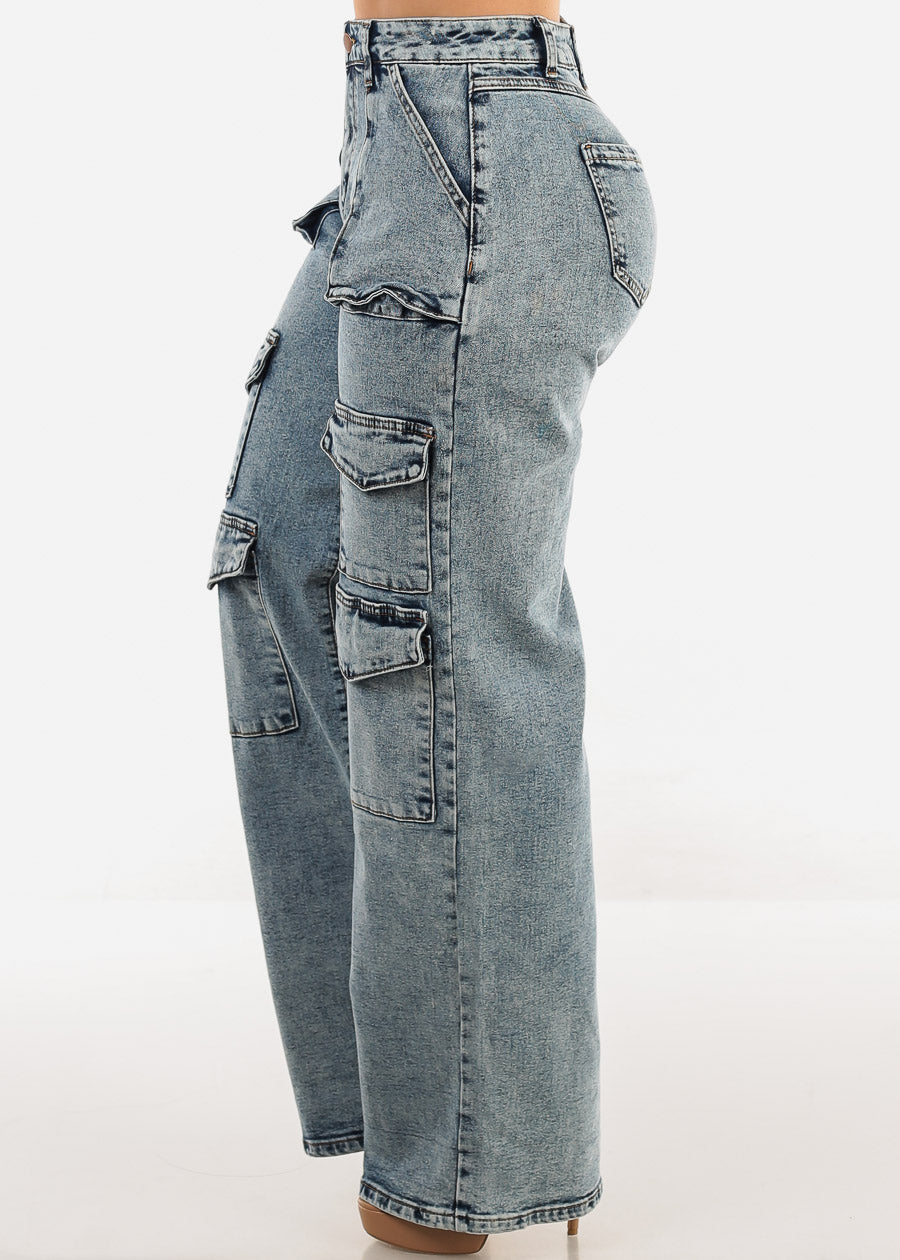 High Waist Straight Wide Leg Acid Wash Cargo Jeans