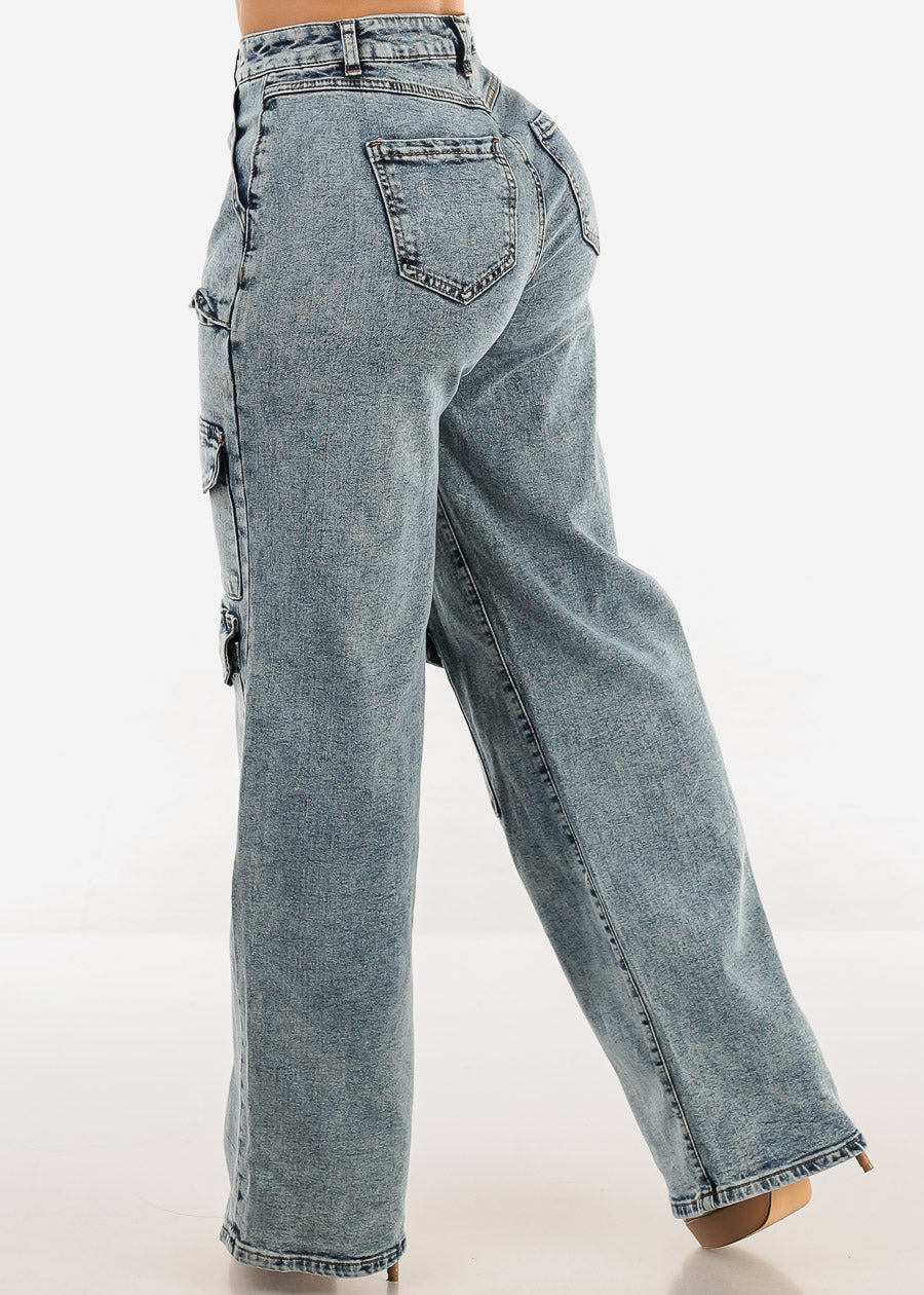 High Waist Straight Wide Leg Acid Wash Cargo Jeans