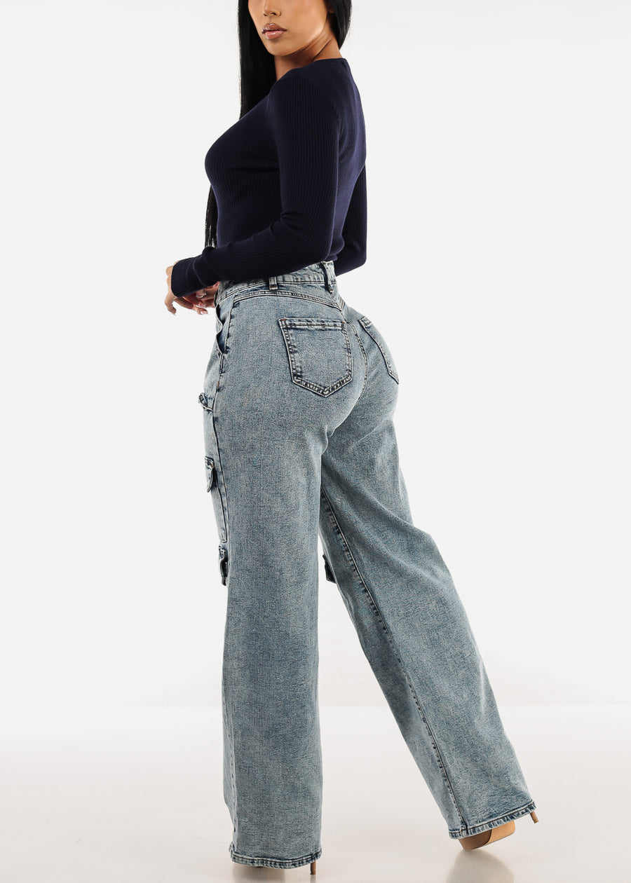 High Waist Straight Wide Leg Acid Wash Cargo Jeans