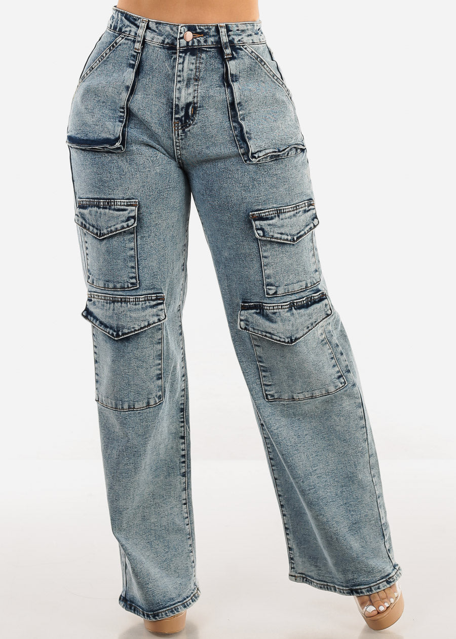 High Waist Straight Wide Leg Acid Wash Cargo Jeans