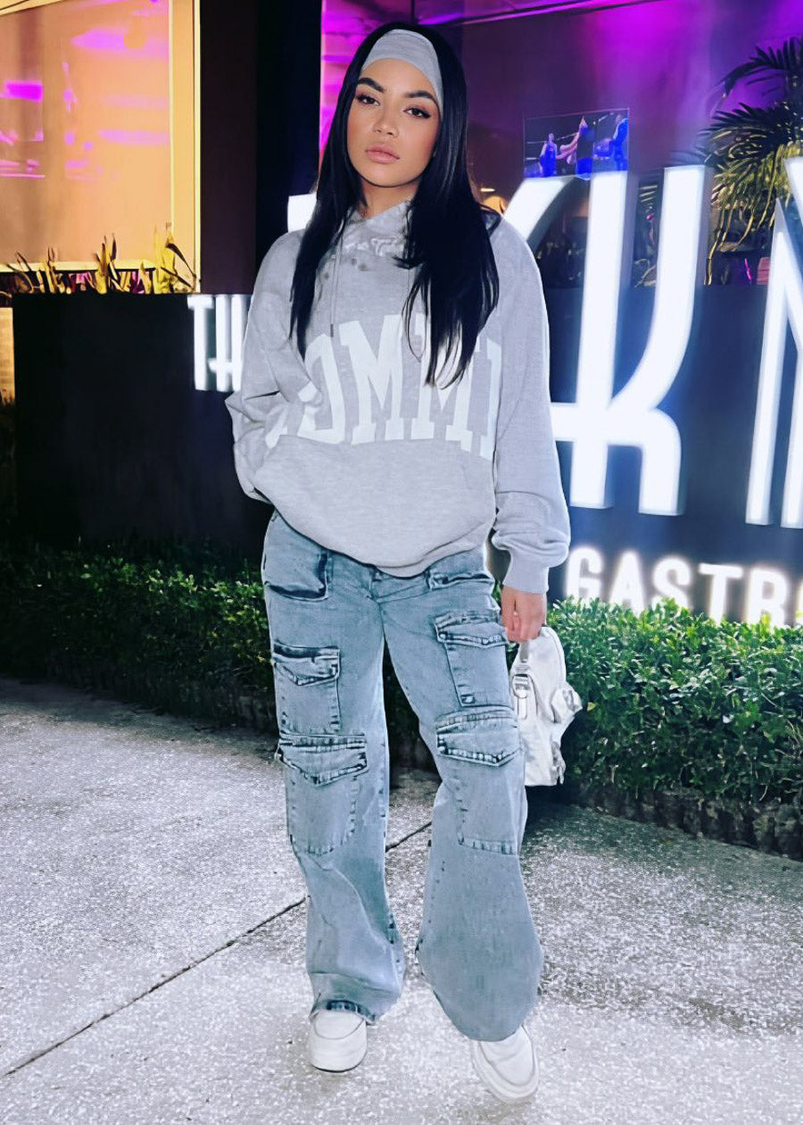 High Waist Straight Wide Leg Acid Wash Cargo Jeans