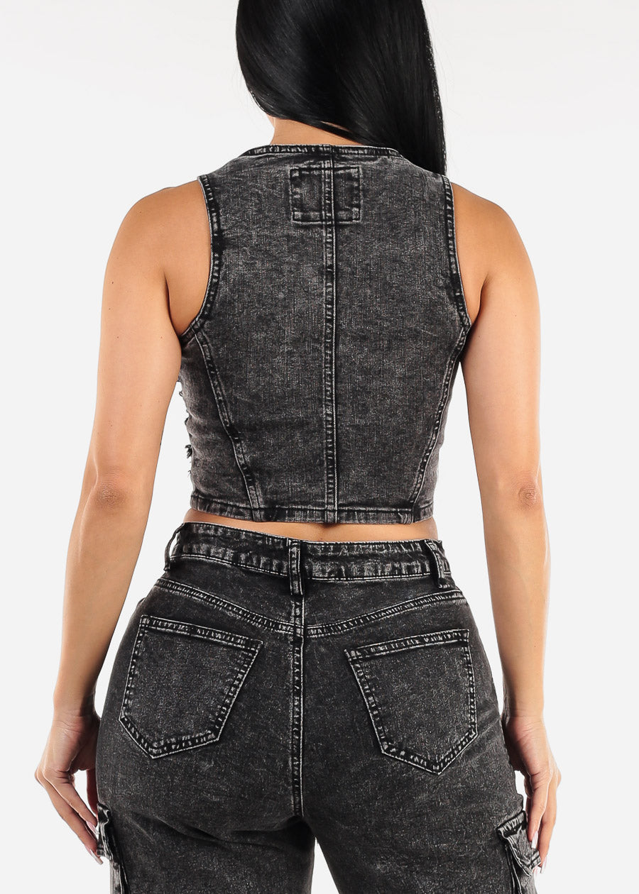 Sleeveless Distressed Acid Wash Denim Vest Black