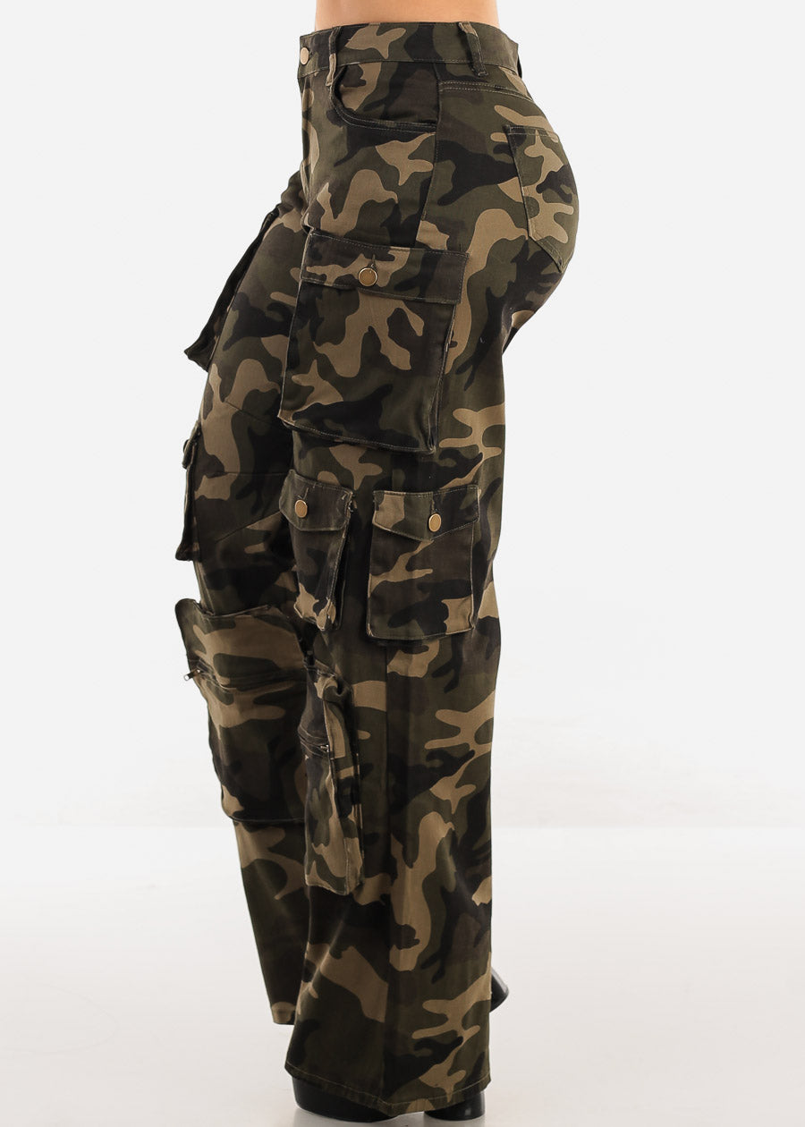 High Waist Straight Wide Leg Camo Cargo Pants