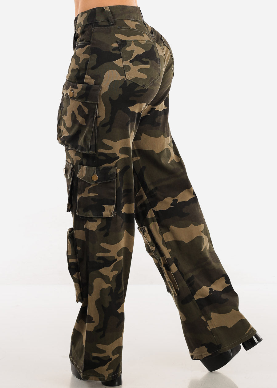 High Waist Straight Wide Leg Camo Cargo Pants