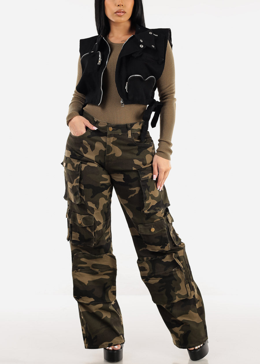 High Waist Straight Wide Leg Camo Cargo Pants