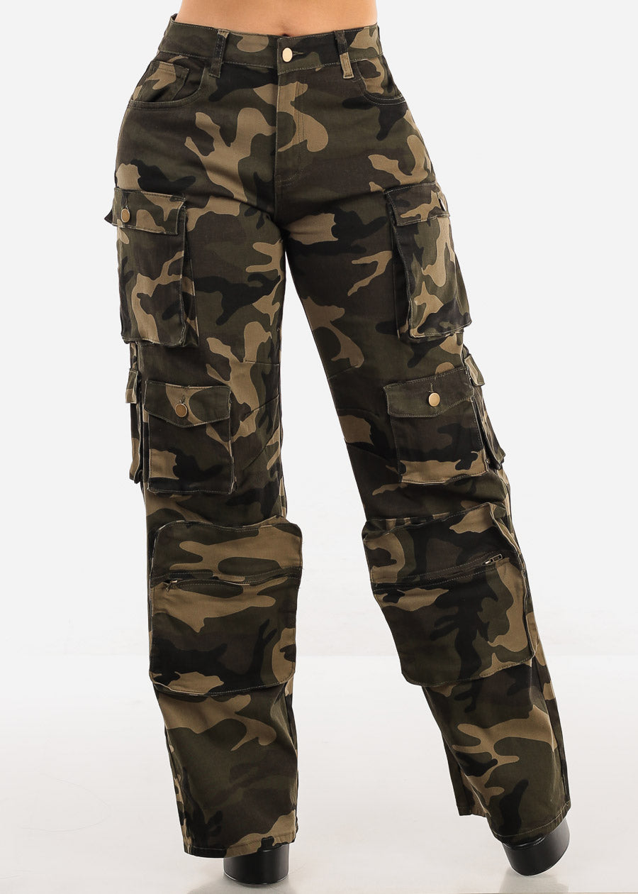 High Waist Straight Wide Leg Camo Cargo Pants