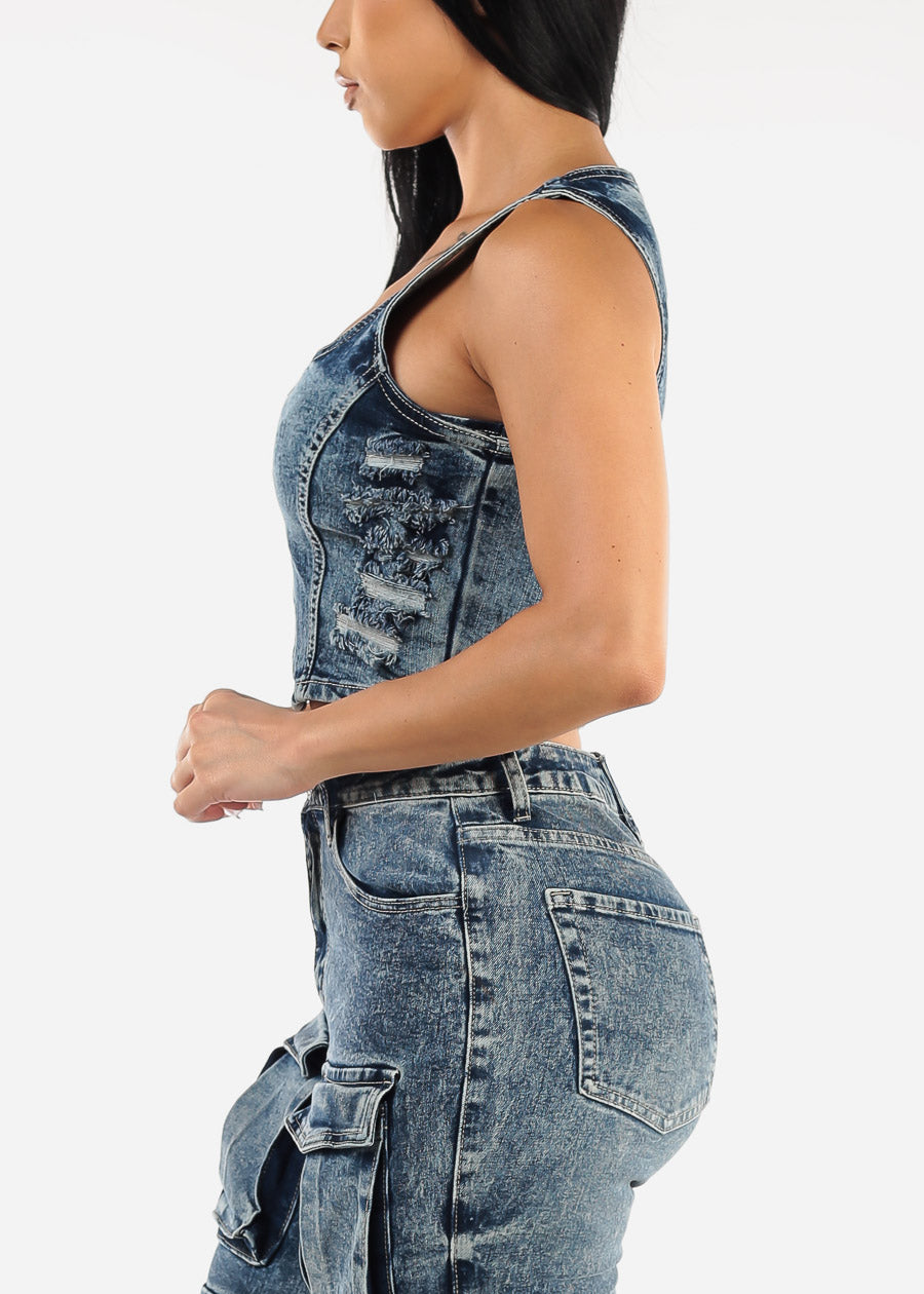 Sleeveless Distressed Acid Wash Denim Vest Blue