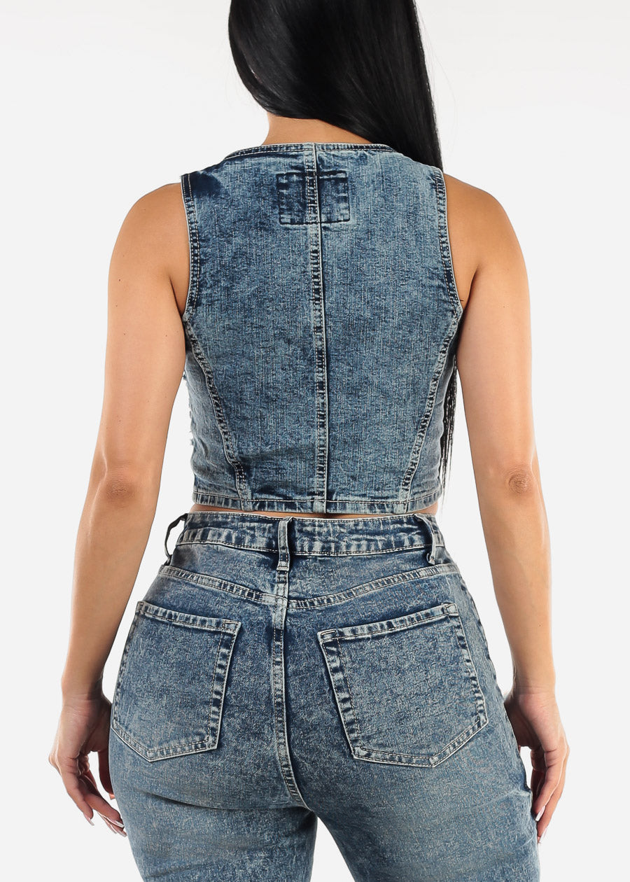 Sleeveless Distressed Acid Wash Denim Vest Blue