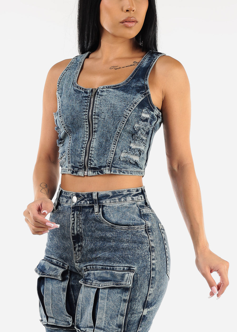 Sleeveless Distressed Acid Wash Denim Vest Blue