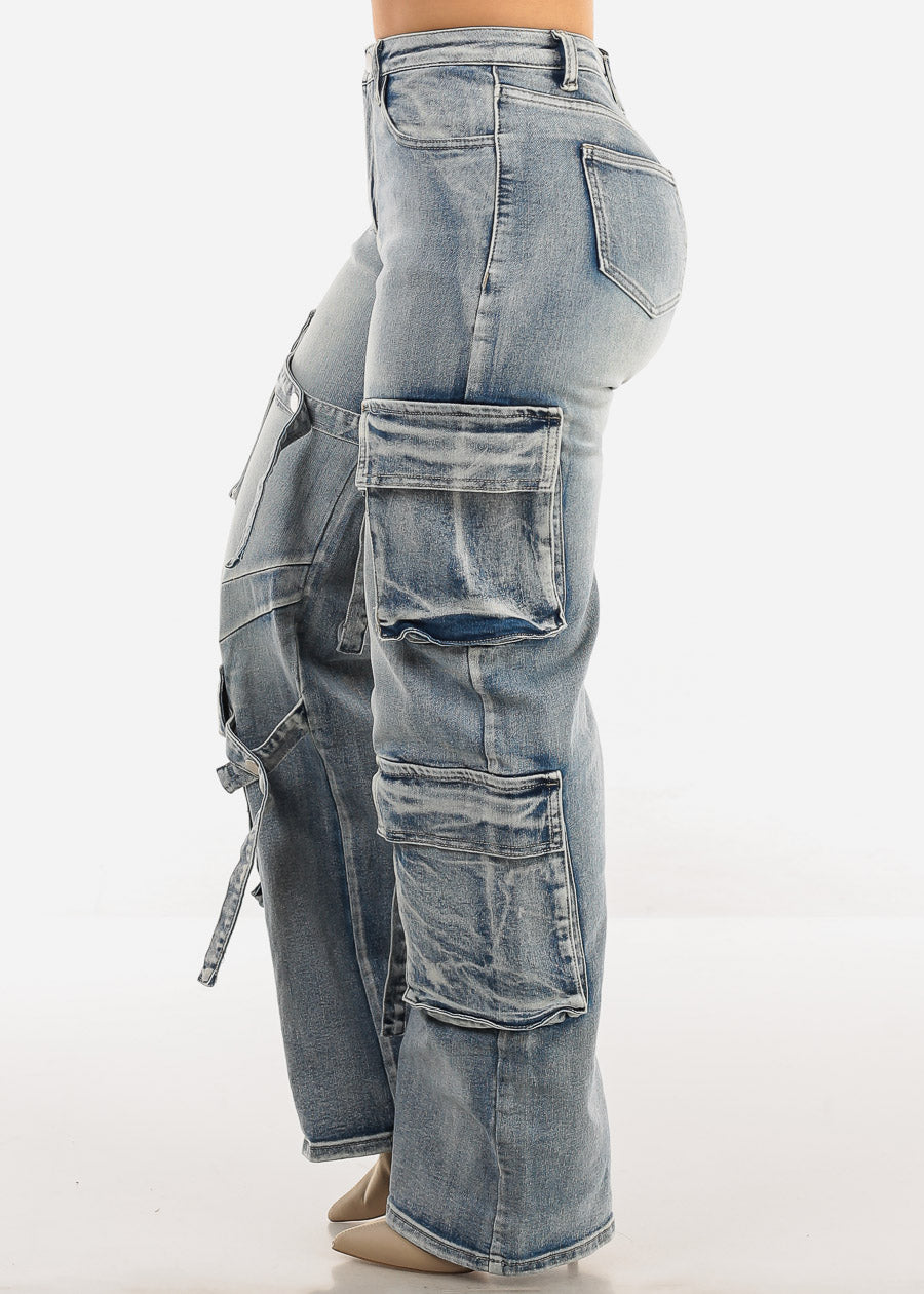 High Waisted Straight Wide Leg Cargo Jeans Acid Wash