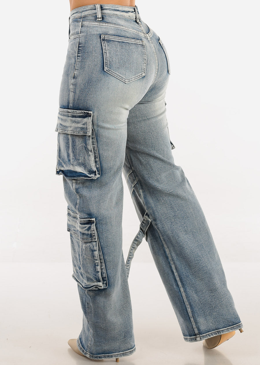 High Waisted Straight Wide Leg Cargo Jeans Acid Wash