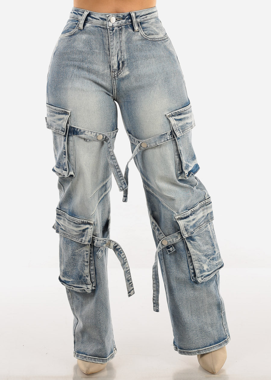 High Waisted Straight Wide Leg Cargo Jeans Acid Wash