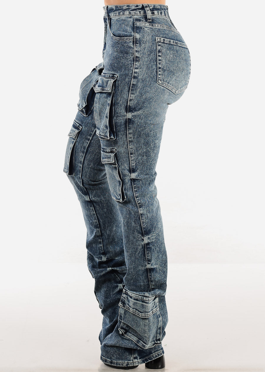 High Waisted Cargo Stacked Leg Jeans Acid Wash