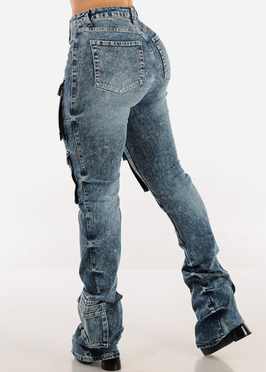 High Waisted Cargo Stacked Leg Jeans Acid Wash