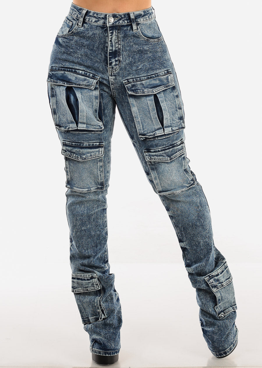 High Waisted Cargo Stacked Leg Jeans Acid Wash