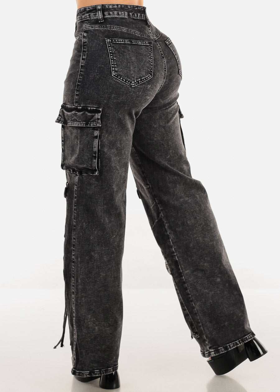 High Waist Acid Wash Straight Wide Leg Cargo Jeans Black