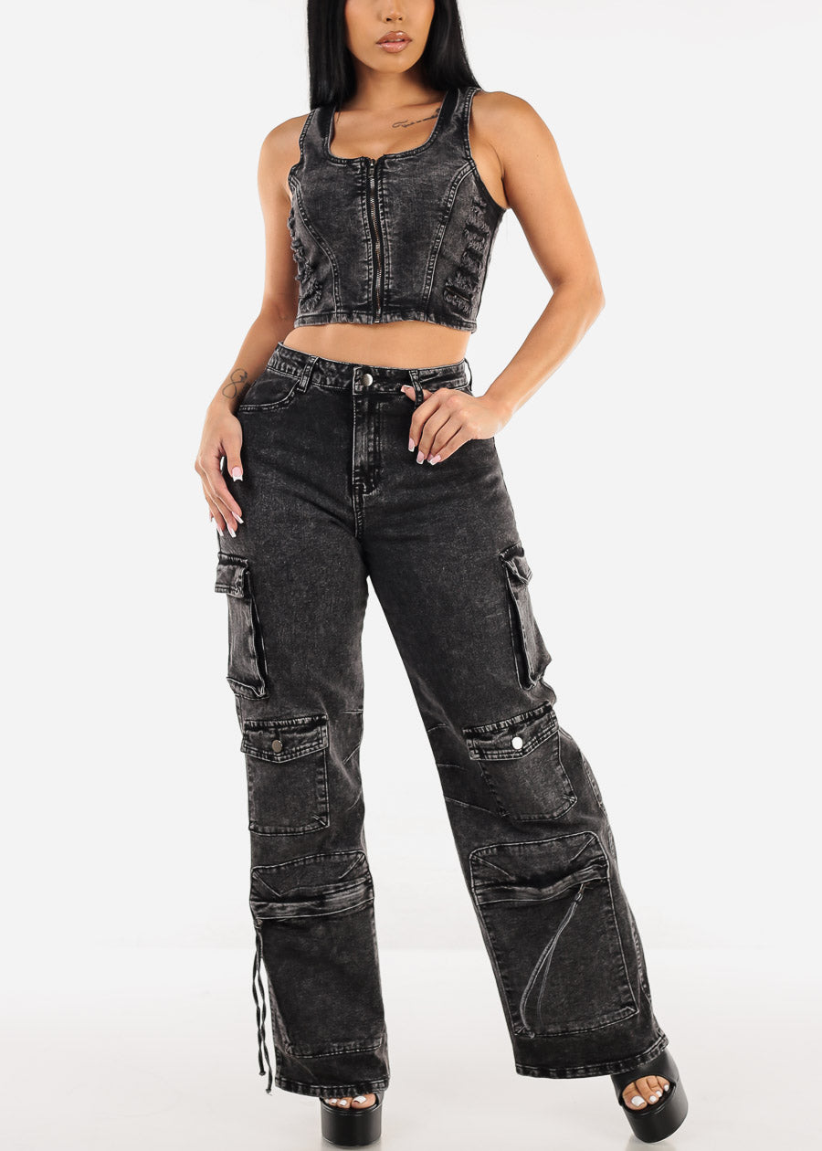 High Waist Acid Wash Straight Wide Leg Cargo Jeans Black