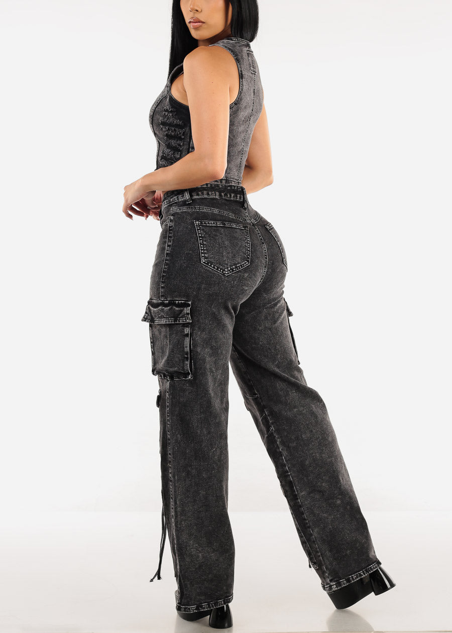 High Waist Acid Wash Straight Wide Leg Cargo Jeans Black