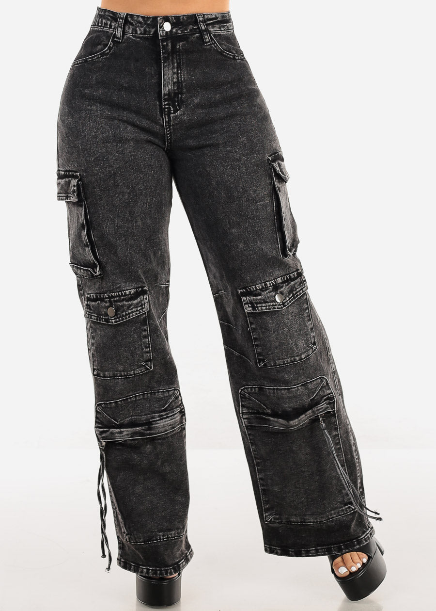 High Waist Acid Wash Straight Wide Leg Cargo Jeans Black