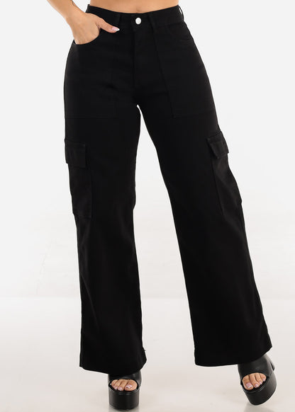 Butt Lift Stretchy Straight Wide Leg Cargo Jeans Black