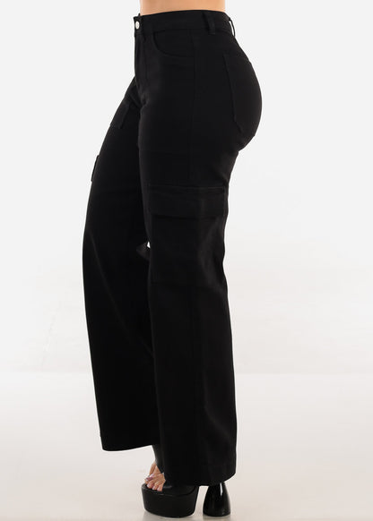 Butt Lift Stretchy Straight Wide Leg Cargo Jeans Black