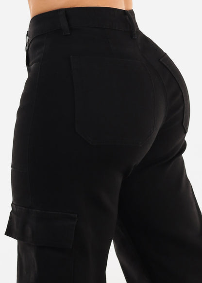 Butt Lift Stretchy Straight Wide Leg Cargo Jeans Black