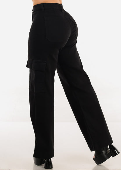 Butt Lift Stretchy Straight Wide Leg Cargo Jeans Black