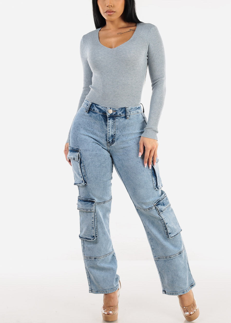 Butt Lift High Waist Acid Wash Cargo Jeans