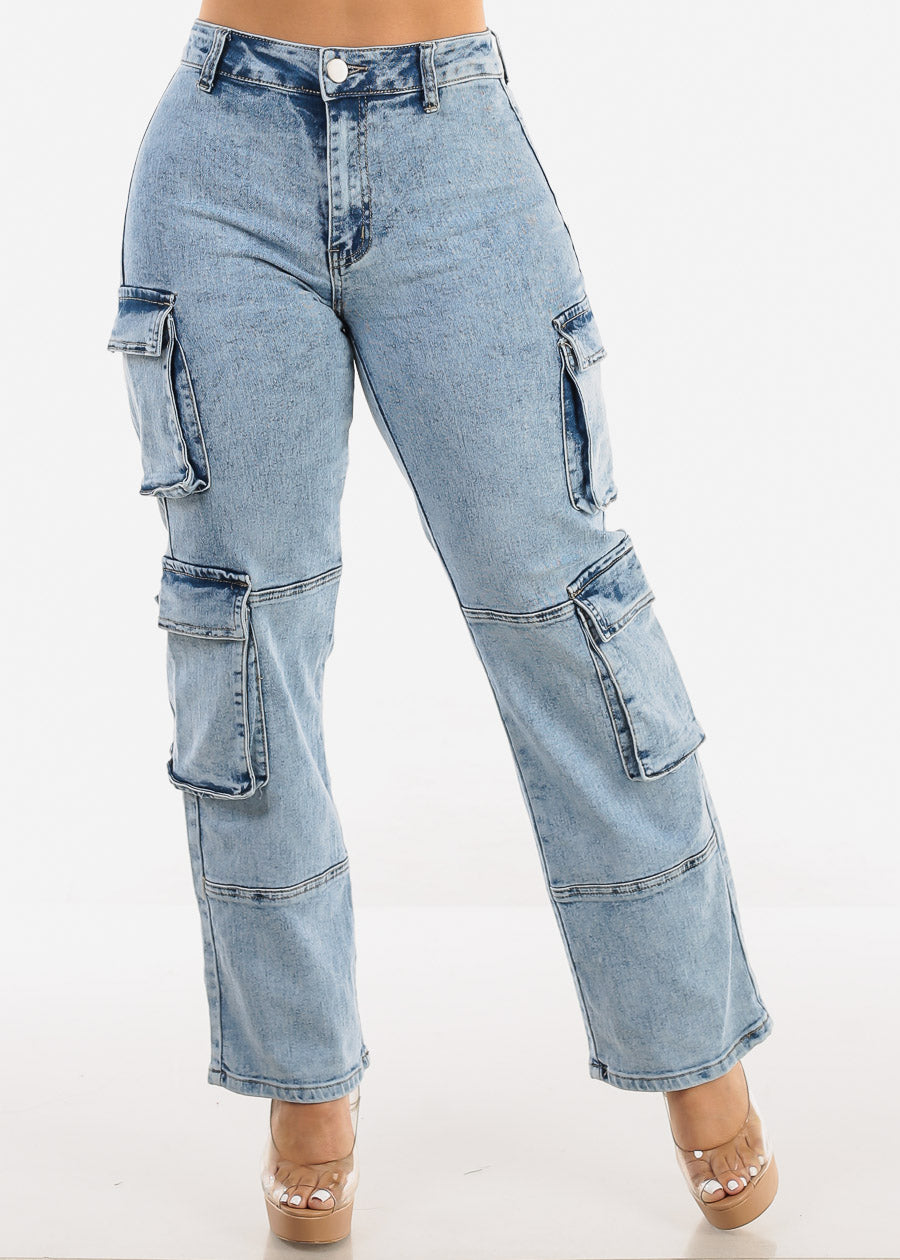 Butt Lift High Waist Acid Wash Cargo Jeans