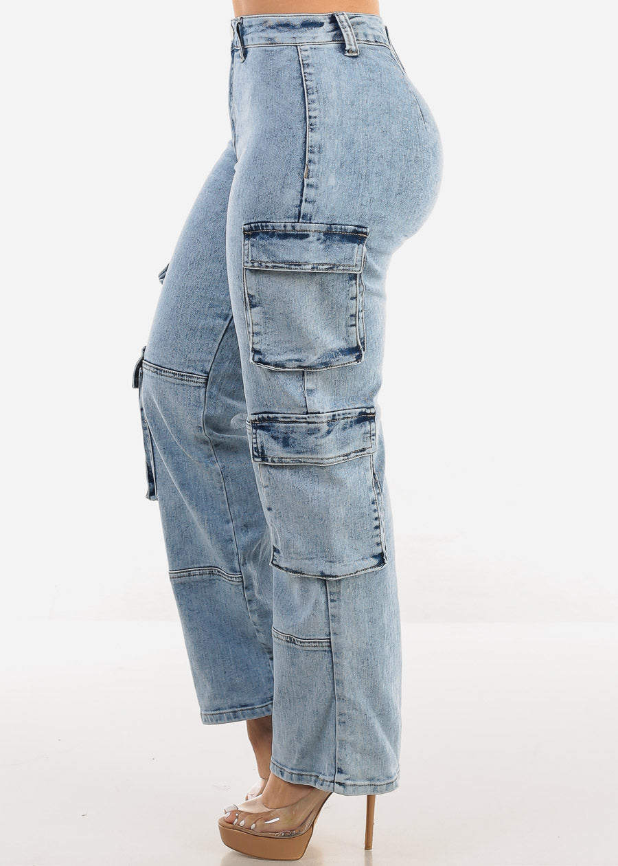 Butt Lift High Waist Acid Wash Cargo Jeans