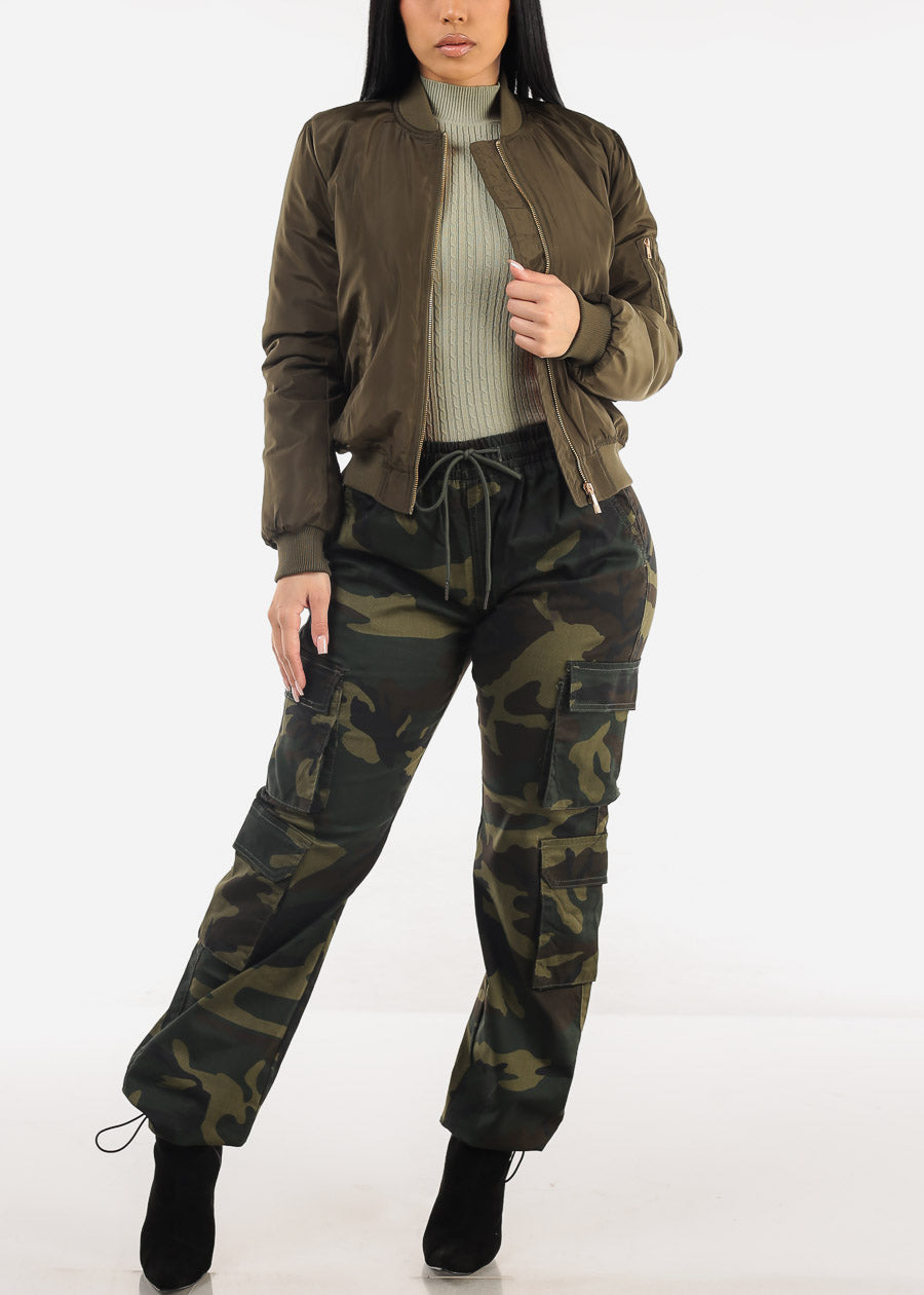 High Drawstring Waist Camouflage Cargo Pants