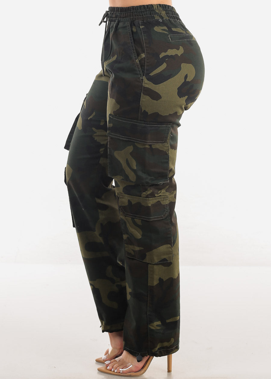 High Drawstring Waist Camouflage Cargo Pants