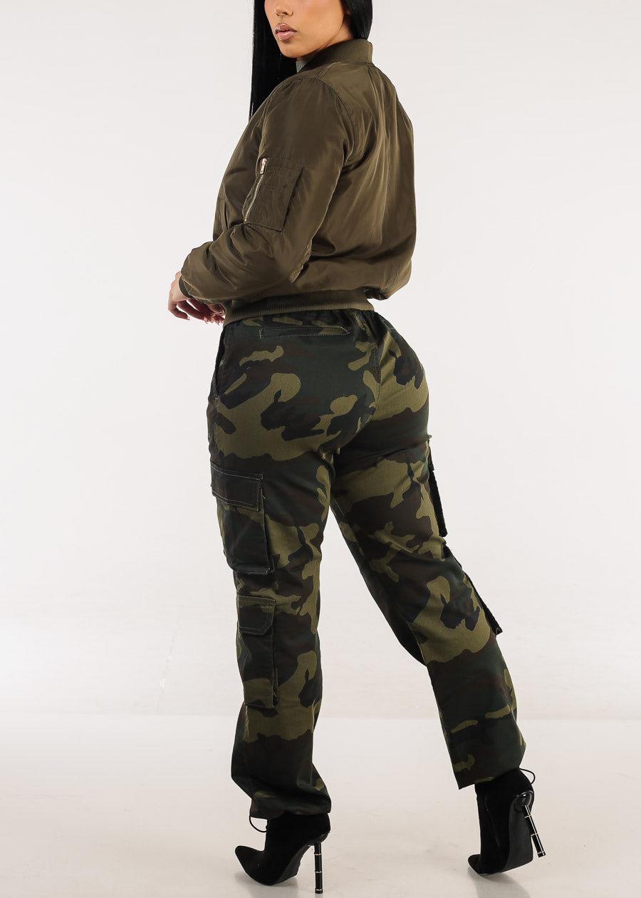 High Drawstring Waist Camouflage Cargo Pants